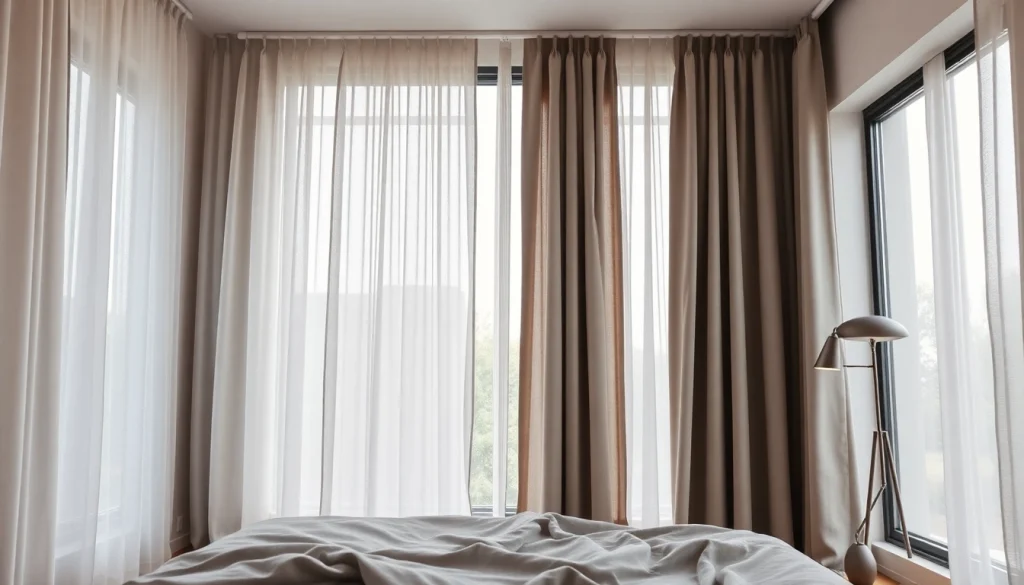 Verduisterende gordijnen in een moderne slaapkamer met natuurlijke verlichting en elegante stijl.