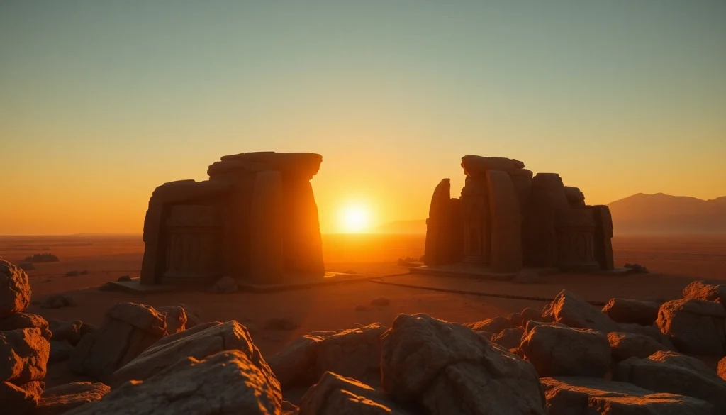 A stunning sunset view of piraminds with intricate carvings and a vast desert.