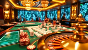 Engage with link mahjong tiles in a vibrant casino setting featuring roulette and poker chips.