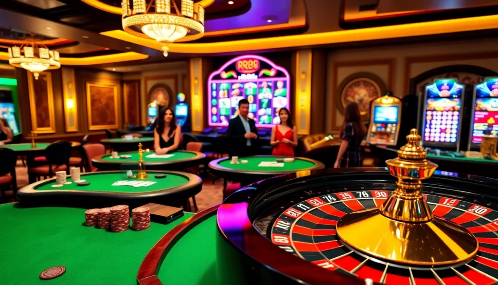 Experience the excitement of RR88 with players engaging at a vibrant casino layout featuring slot machines and gambling tables.