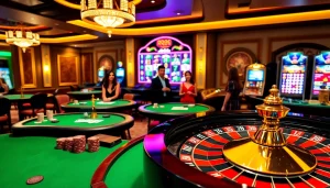Experience the excitement of RR88 with players engaging at a vibrant casino layout featuring slot machines and gambling tables.