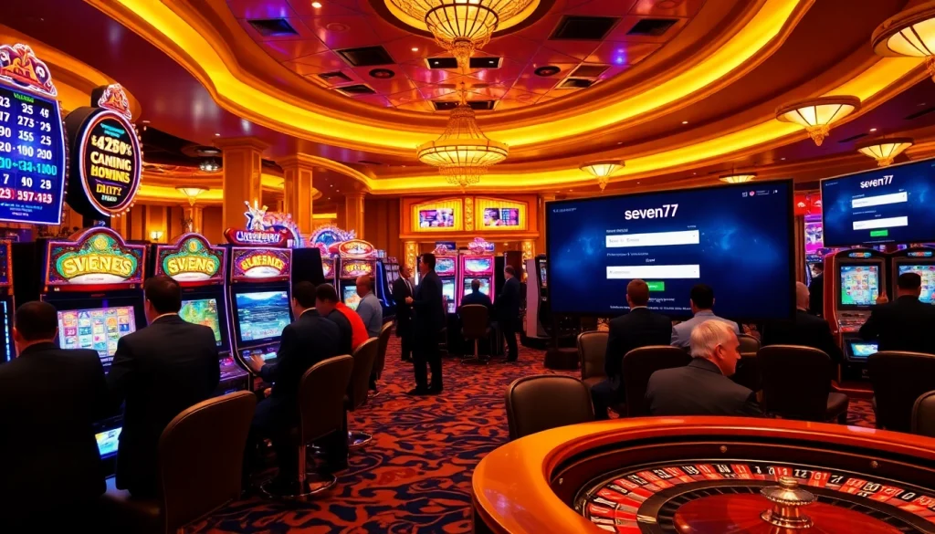 Experience the thrill with seven77 login as players engage at vibrant slot machines.