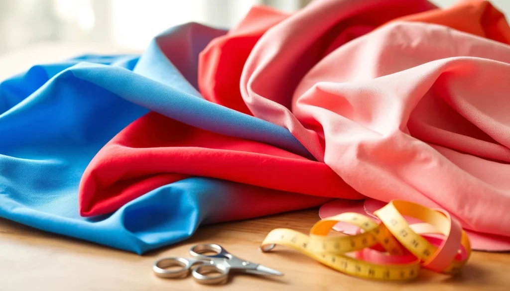 Poplin stoffen in verschillende kleuren en texturen met naaiaccessoires op een houten tafel.
