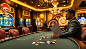 SODO66 players engaging in high-stakes poker at an upscale casino, showcasing excitement and strategy.