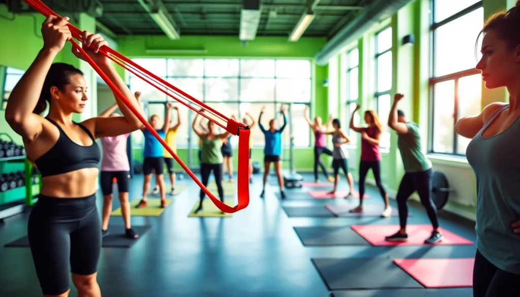 Enthusiasts using pull-up resistance bands for strength training in a bright gym.