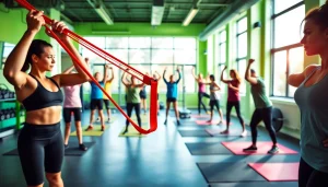 Enthusiasts using pull-up resistance bands for strength training in a bright gym.