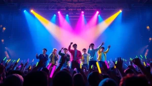 BTS news highlights an energetic concert with vibrant lights and enthusiastic fans.