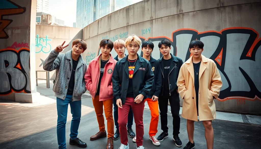 BTS members celebrating in an urban setting amidst colorful graffiti, showcasing bts news.