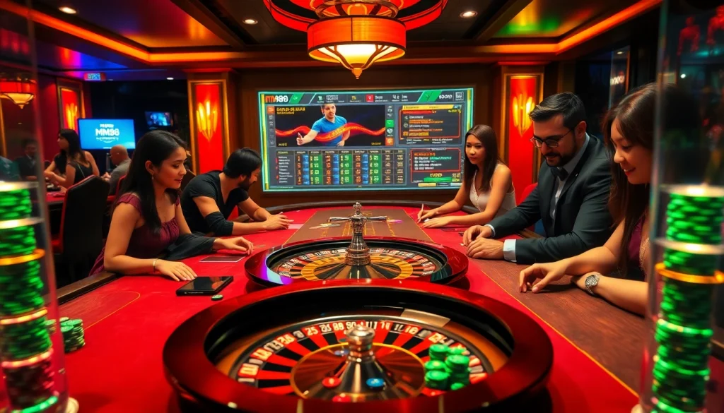 Experience the luxury of MM88 casino with players enjoying poker and roulette under vibrant lights.