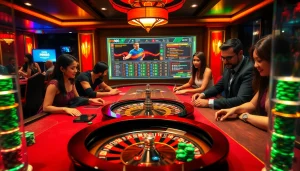 Experience the luxury of MM88 casino with players enjoying poker and roulette under vibrant lights.