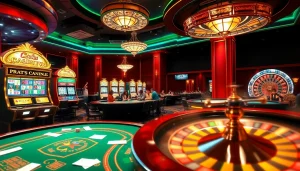 Players enjoying a thrilling game at a casino, emphasizing excitement at https://nk888.it.com/ with vibrant slot machines and a roulette wheel.