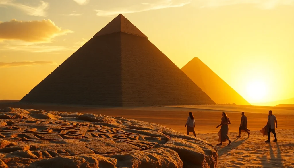 Piraminds towering majestically in a sunset-lit desert landscape, with tourists exploring.