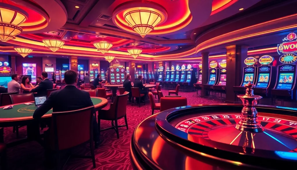 SODO66 casino scene showcasing an exciting poker table, roulette wheel, and slot machines in vibrant lighting.