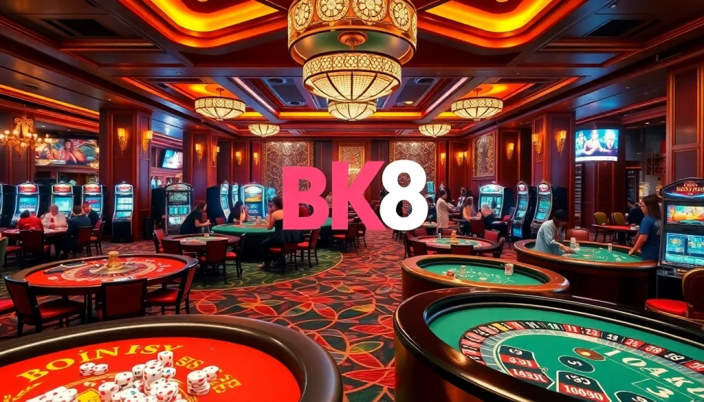 Engage with BK8's thrilling casino experience featuring vibrant tables, slot machines, and excitement.