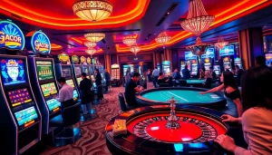 Players engaging in idn slot games at a vibrant casino with neon lights and exciting machines.