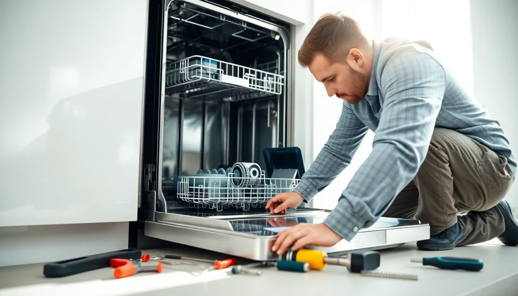 Technician performing a BOSCH dishwasher repair in a well-lit kitchen setting