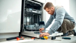 Technician performing a BOSCH dishwasher repair in a well-lit kitchen setting