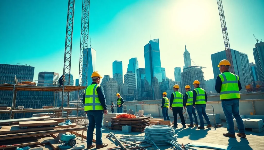 Dynamic scene featuring a New York City Commercial General Contractor team collaborating on a construction project.