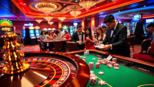 RR88 casino scene showing players at tables, vibrant slot machines, and roulette wheels in action.
