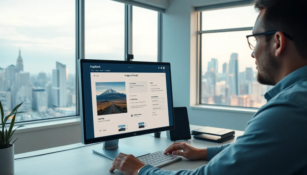 Image to prompt ai tool in use on a sleek modern desk with vibrant city view