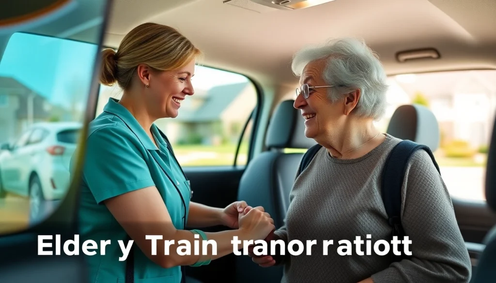 Elderly transportation services with a caregiver assisting an elder into a vehicle in a bright neighborhood.