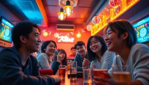 제주도유흥 친구와 함께 노래하는 카라오케 방의 활기찬 야경, 따뜻한 분위기.