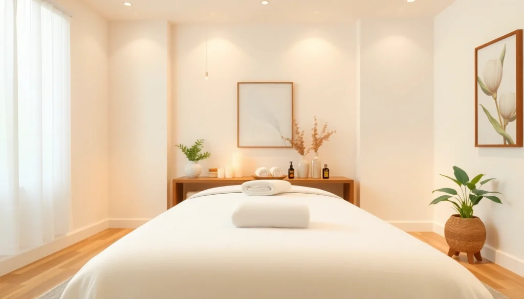 진정되는 장식과 초대하는 분위기의 마사지 치료실, 마사지의 본질을 강조합니다.