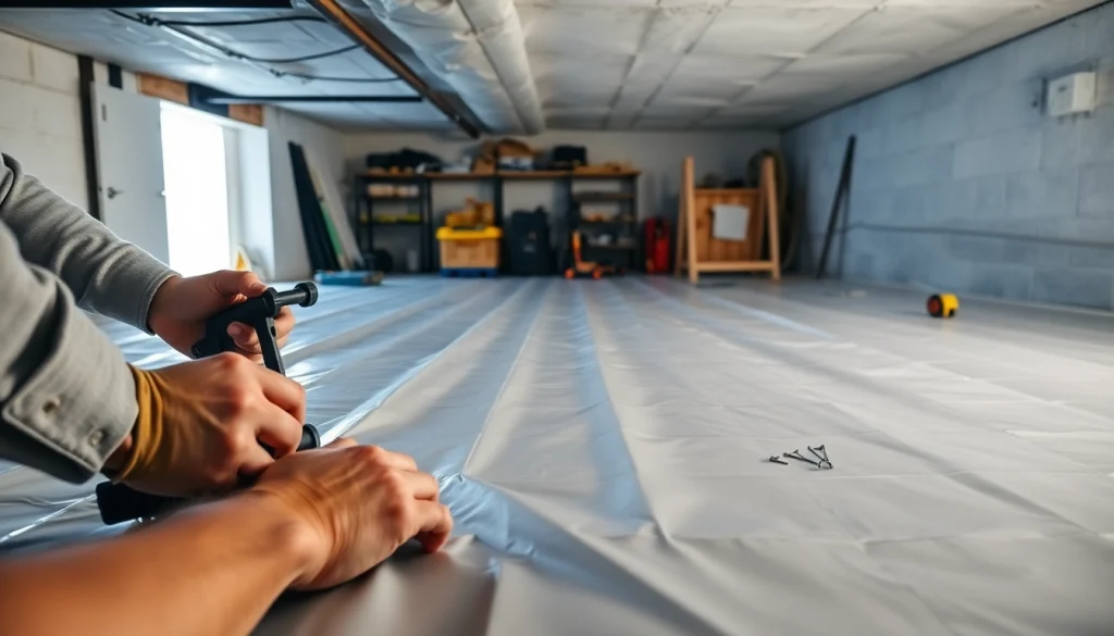 Vapor Barrier Installation being expertly completed with professional tools in a clean crawl space.