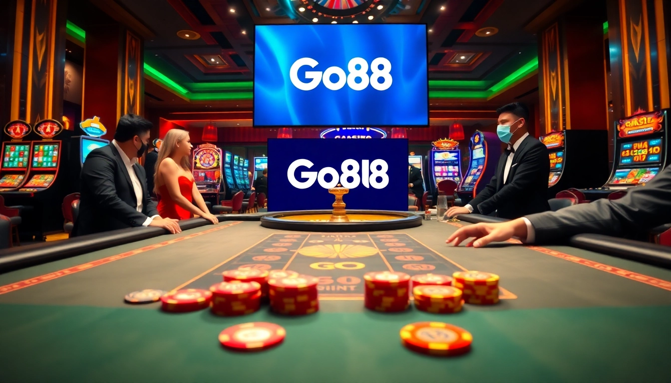 Experience the thrill at Go88 Casino with vibrant slot machines and a high-stakes poker table.