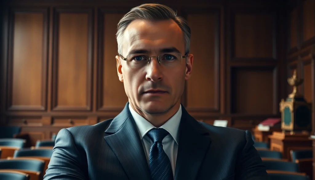 Anwalt Strafrecht in einem Gerichtssaal, konzentriert auf einen wichtigen Rechtsfall.