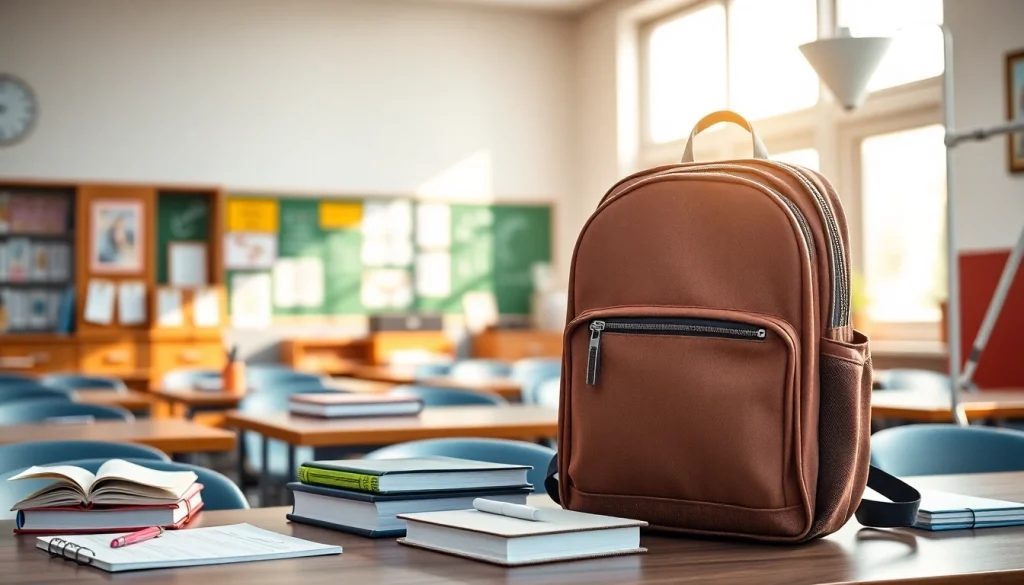 Handytasche Schule in stylischer Anwendung auf einem Schreibtisch voller Schulmaterialien.