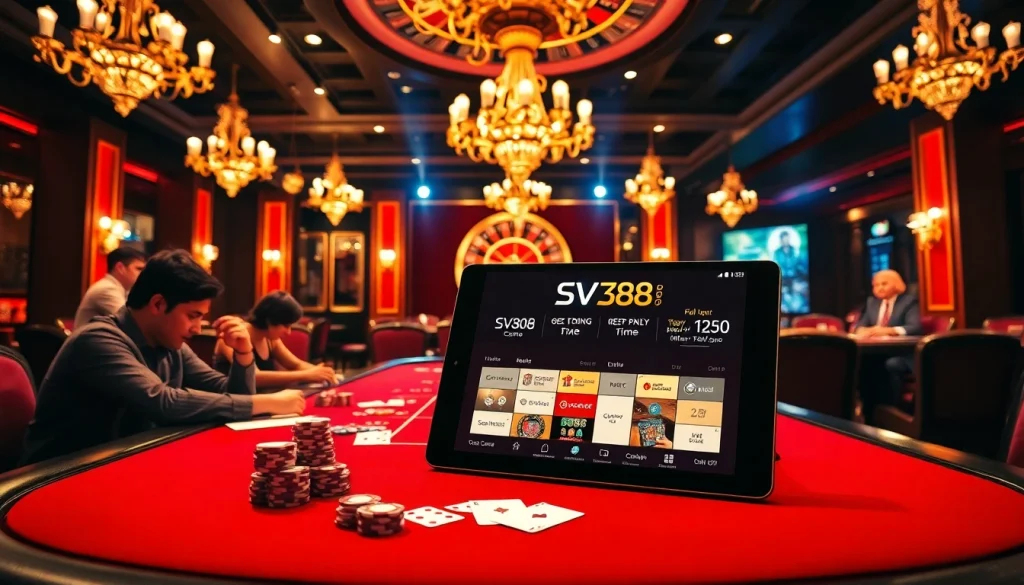 High-stakes poker game at sv388 casino with vibrant colors and luxury atmosphere.