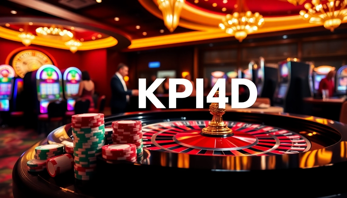 Engaging gamblers at a vibrant casino table with KPI4D branding emphasizes excitement.