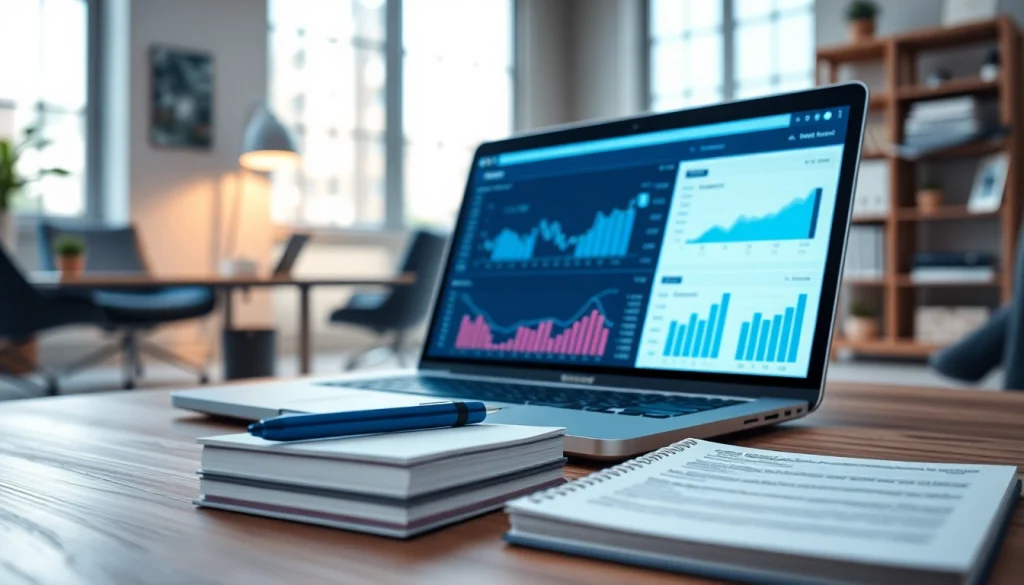 Analyze trends with SEO Rank Tracker on a laptop in a professional workspace.