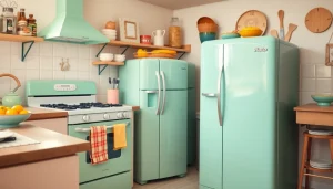 Showcasing a vibrant retro appliance in a cozy kitchen setting with vintage decor.