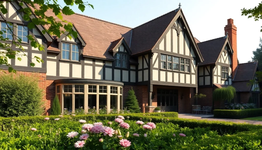 Showcase the Wellesley Tudor Expansion with classic architecture complemented by a lush garden.