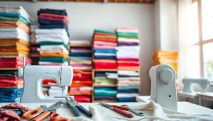 Uni katoen stof in a vibrant textile studio, showcasing colorful fabrics alongside sewing tools.