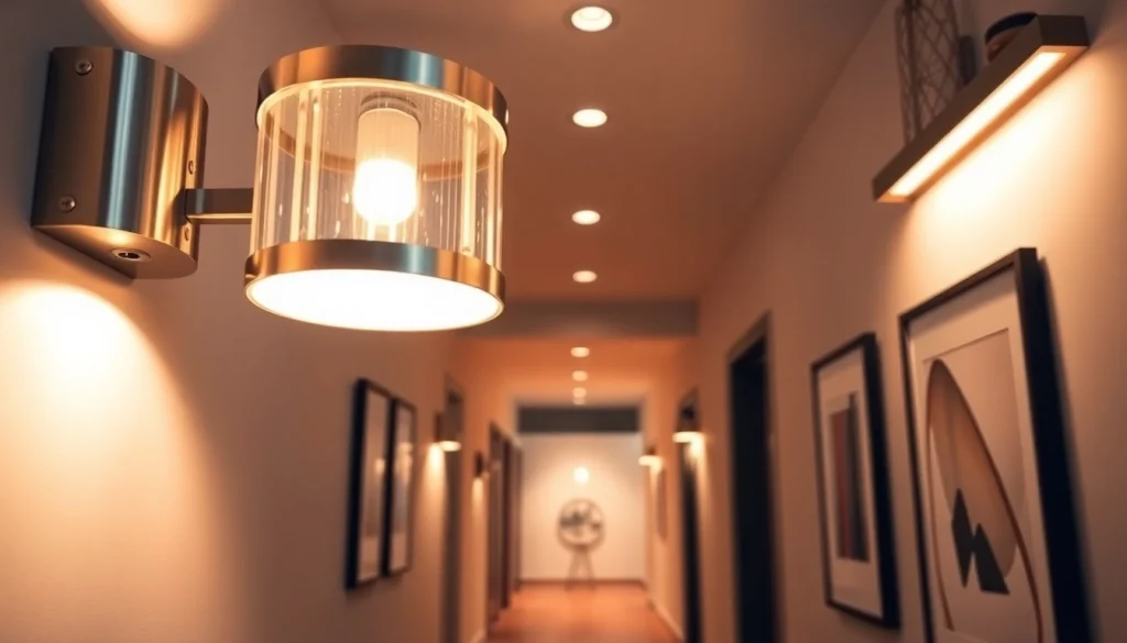 Bright hallway lighting fixtures enhancing a modern corridor's aesthetic appeal.