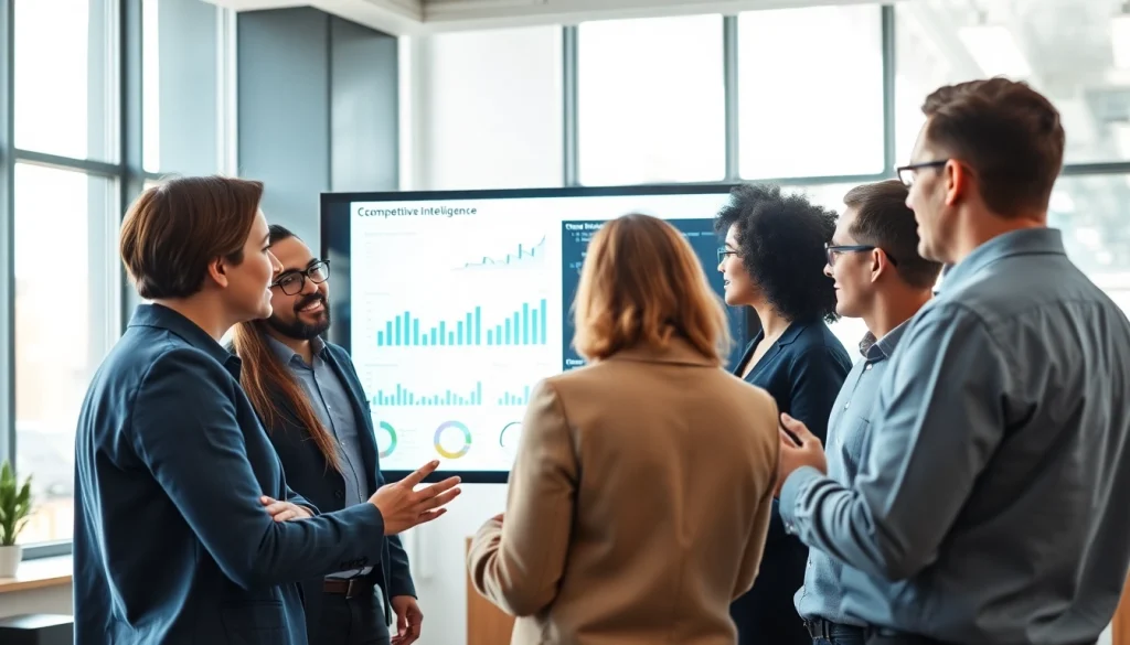 Engaged team exploring competitive intelligence faqs in a modern office, promoting strategic insights.