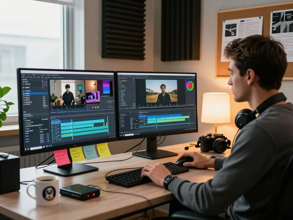 Video to promptgenerator in a modern editing studio with professionals generating detailed video prompts.