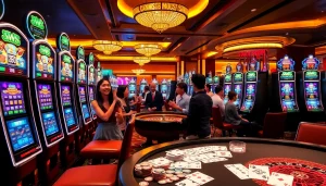 Exciting jamuslot action at a vibrant casino, showcasing players engaging at slot machines.