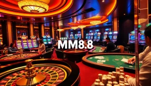 Players engaged in high-stakes games at MM88 casino, featuring roulette and poker tables, exuding excitement.