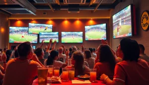 Exciting sports fans engaging in live streaming events on 토토스토리 in a modern sports bar atmosphere.