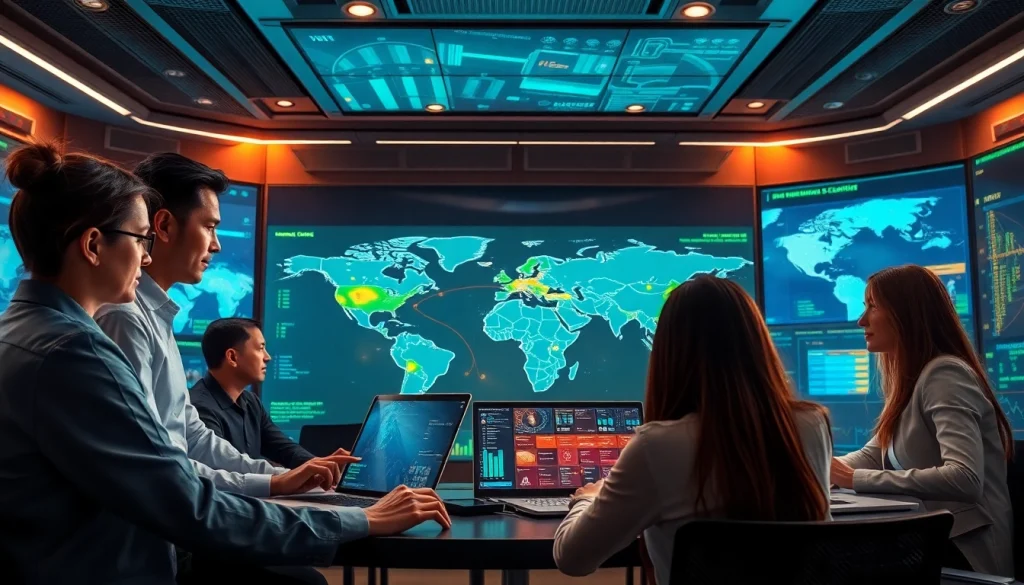 Team strategizing on national security risk analyzing data and threats in a modern setting.