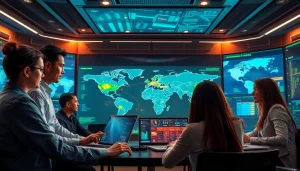 Team strategizing on national security risk analyzing data and threats in a modern setting.