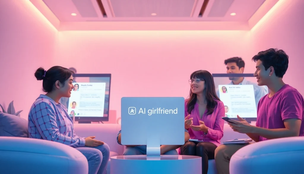 An engaging virtual scene showcasing diverse AI girlfriends in a friendly setting, emphasizing interaction and connection.