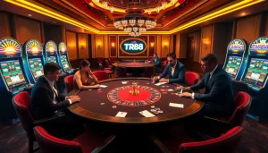 Engage in thrilling gameplay at TR88 casino with illuminated poker tables and vibrant slot machines.
