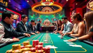 Players enjoying a lively gambling experience at RR88, featuring a poker table and vibrant casino atmosphere.