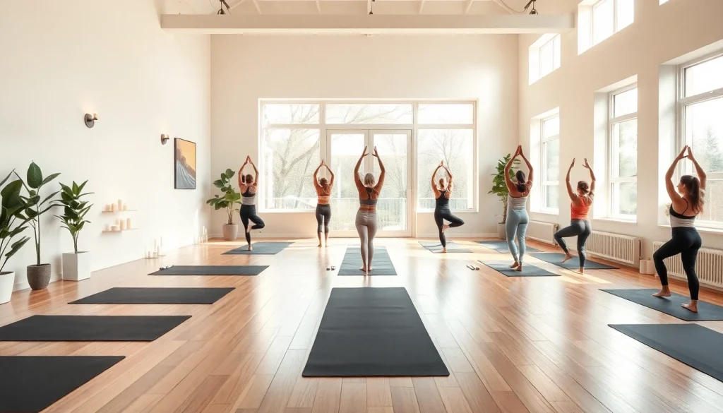 ホットヨガおすすめのシーンで、さまざまな人々がヨガを実践している魅力的なスタジオを紹介。