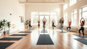 ホットヨガおすすめのシーンで、さまざまな人々がヨガを実践している魅力的なスタジオを紹介。